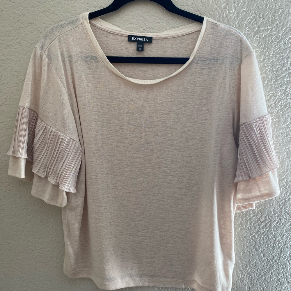 Express Women's Cream Pleated Ruffle Sleeve Top